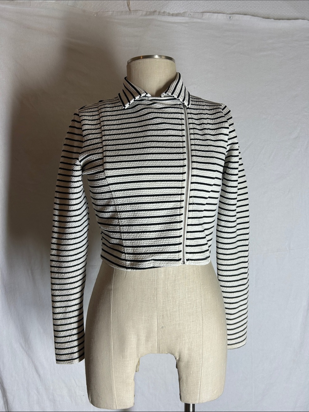 Knitworks Black & White Striped Cropped Zip Jacket